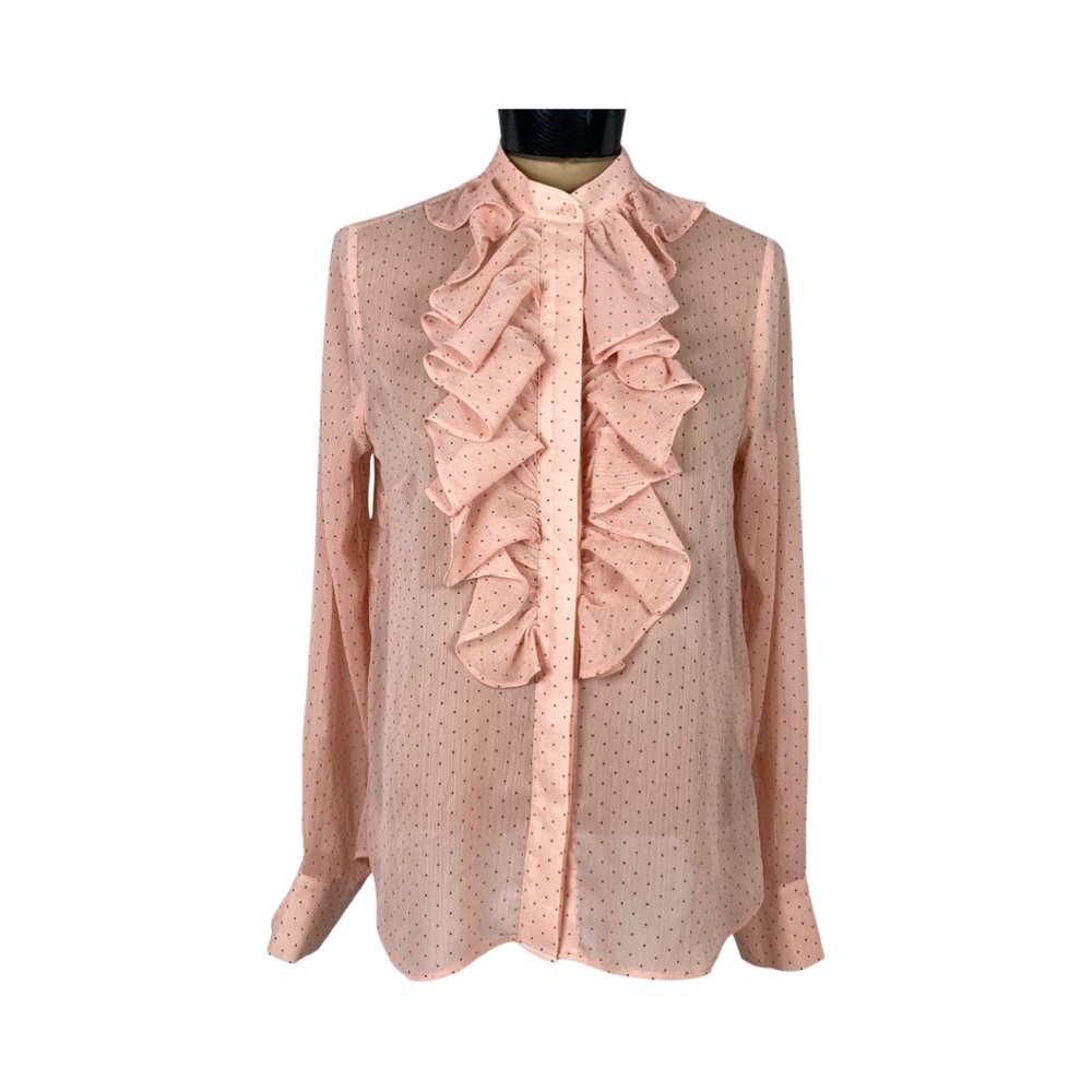 H&M Womens Long Sleeve Button Front Pink Ruffle Front Polka Dot Blouse Size 6